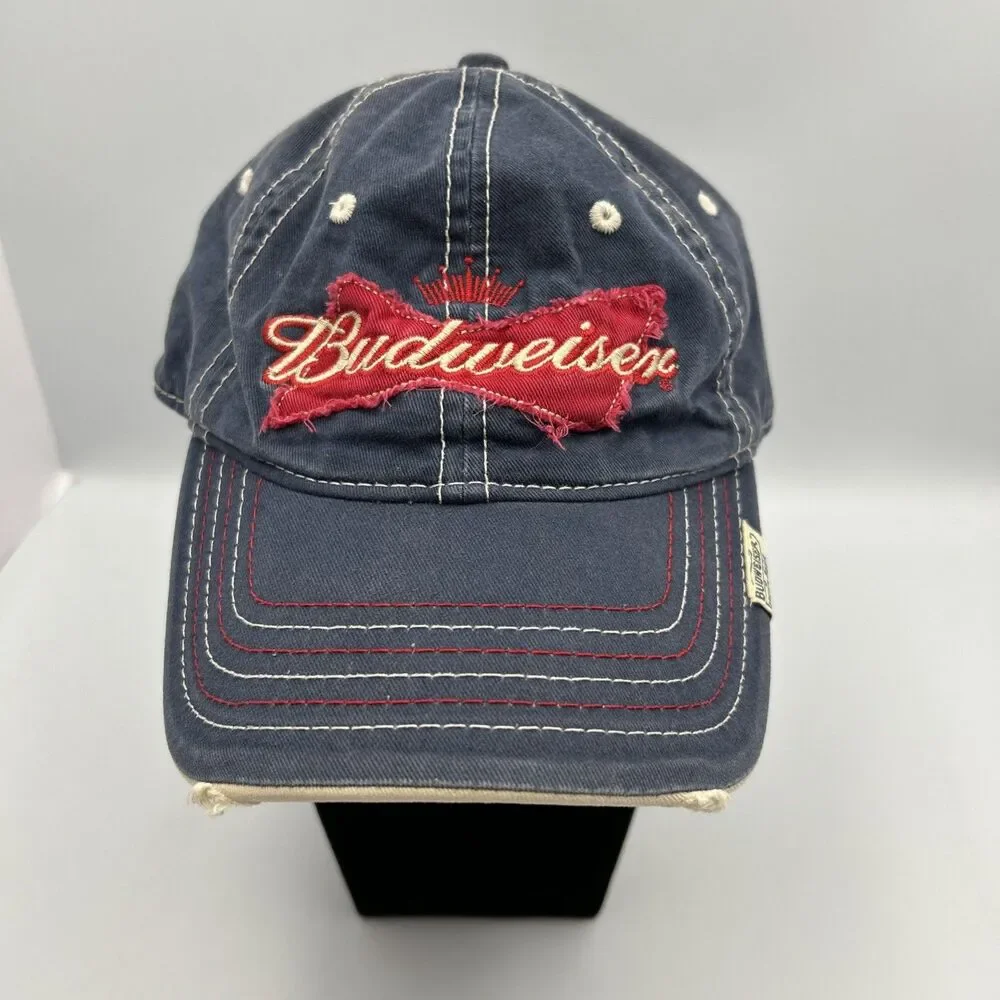 Budweiser Beer Cap Distressed Patch Logo Denim Adjustable Hat Navy